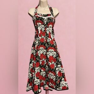 Skull & Rose Halter Dress – Gothic Rockabilly Style - Size Small